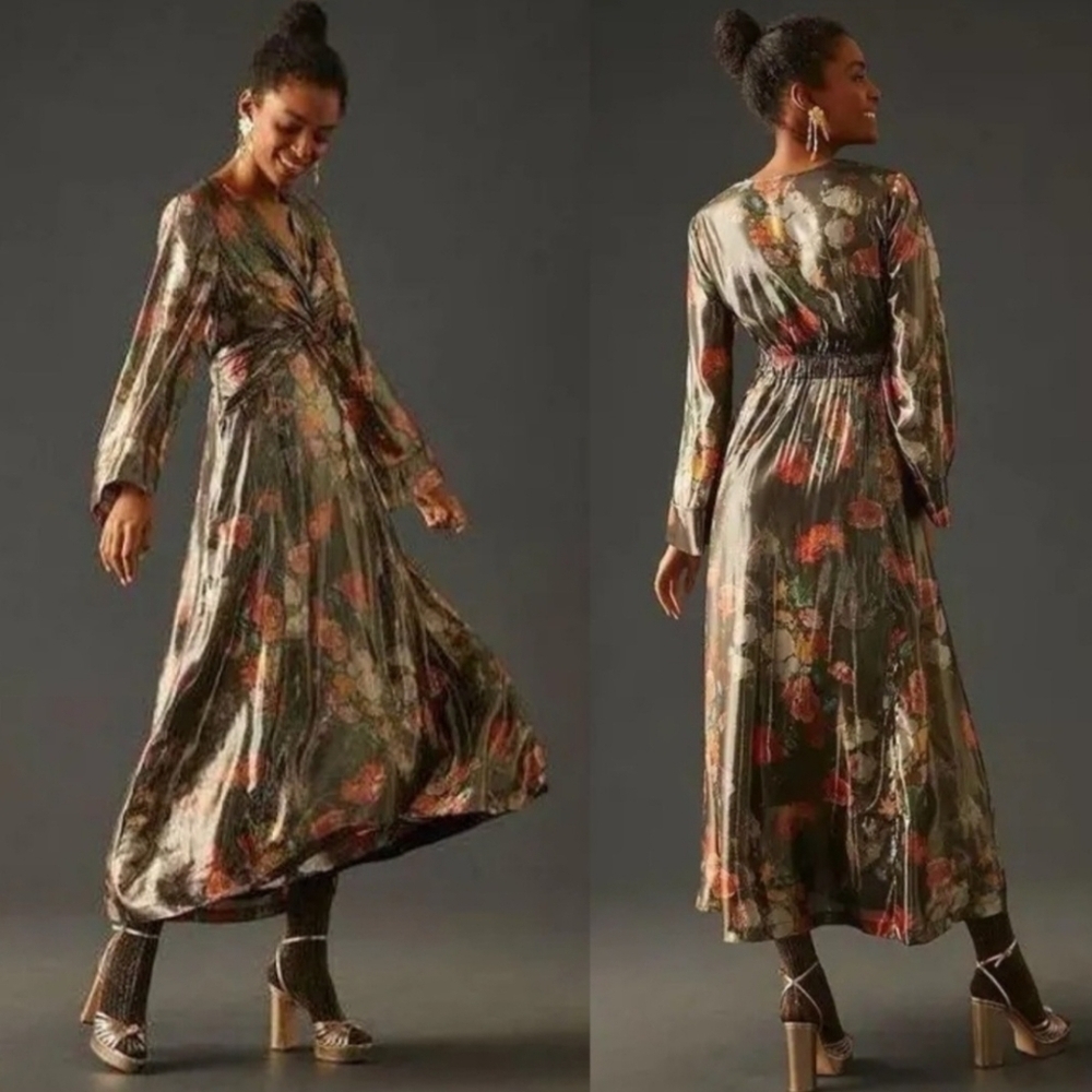 Anthropologie Caballero Metallic Floral Maxi Dress Deep V Neck Long Sleeve L NWT